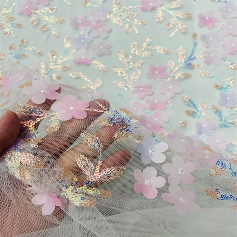 

Laser Flower Sequin Embroidery Lace Mesh Fabric for DIY Sewing Handmade Dress Clothing Fashion Material Cloth By The Yard