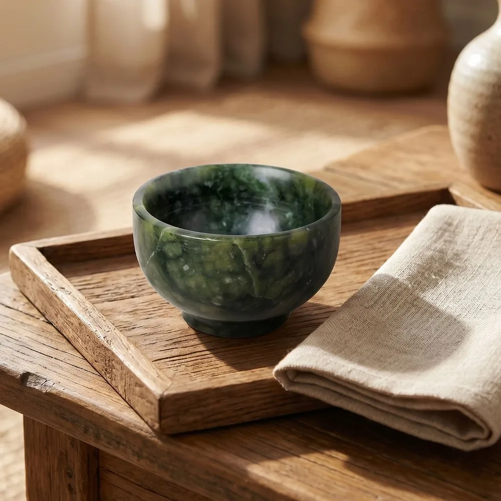 Natural Xiuyan Jade Bowl for Storing Jewelry Decorating A Living Room or Displaying Crystals Ideal Birthday and Holiday Gift