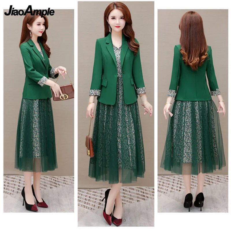 Women's Casual Blazers Suit 2022 Autumn New Fashion Suit Coat + Vintage Mesh Dresses Two Piece Korean Elegant Professional Wear