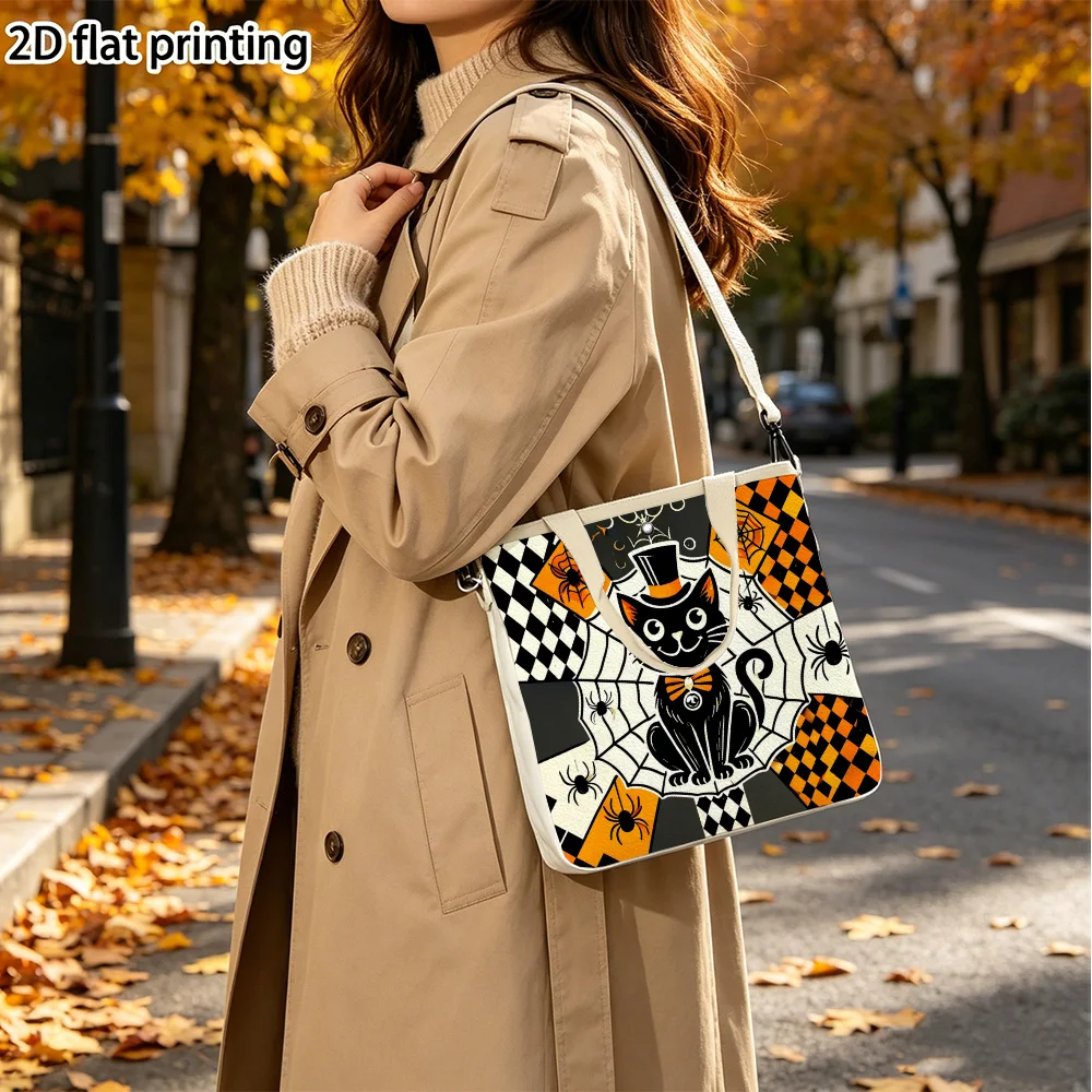 Black cat in top hat Double-Sided Printed Canvas Tote Purse Removable Crossbody Strap Women Handbag for Outdoor Trips