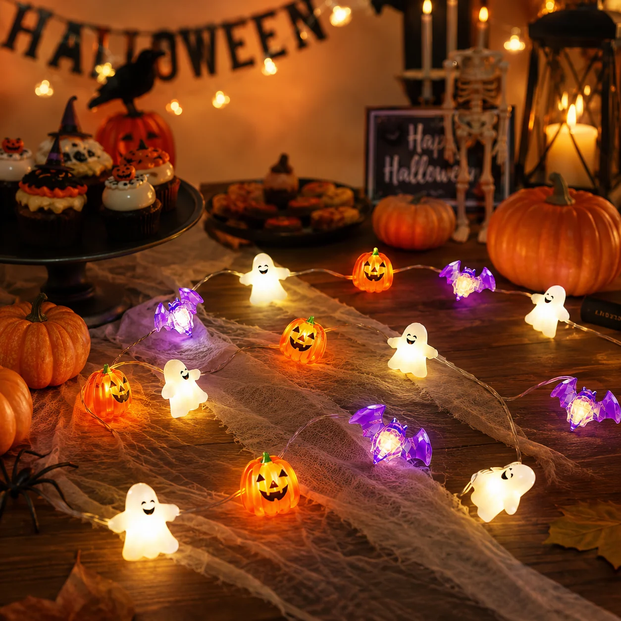 1pc 20/30 LED Halloween Pumpkin Ghost Bat String Lights Battery Powered Spooky Fairy Lights For Home Indoor Party Festival Decor