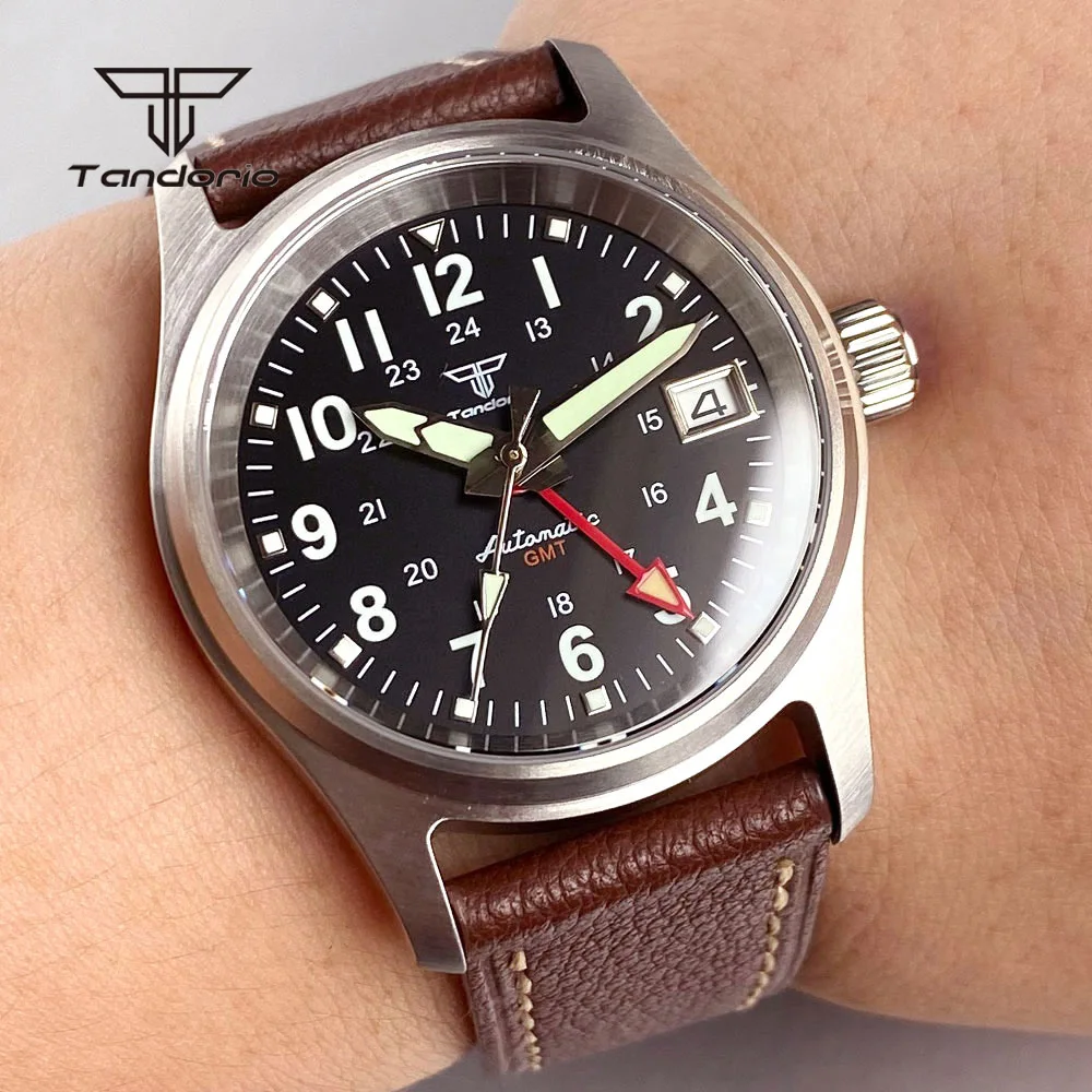 Tandorio 36mm Steel Automatic NH34 GMT Pilot Diving Men's Watch 20BAR Sapphire Mechanical Field Wristwatch Date Lume Waterproof