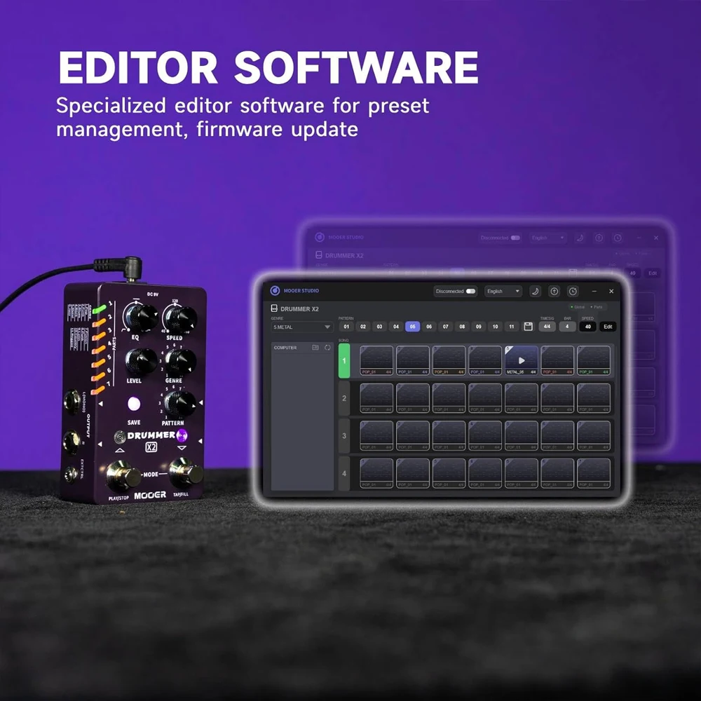 دواسة جيتار ماكينة طبلة MOOER Drummer X2 مع 121 أخاديدًا و11 أنماط موسيقية و7 فتحات إيقاعية وظيفة تعبئة للجيتار الكهربائي