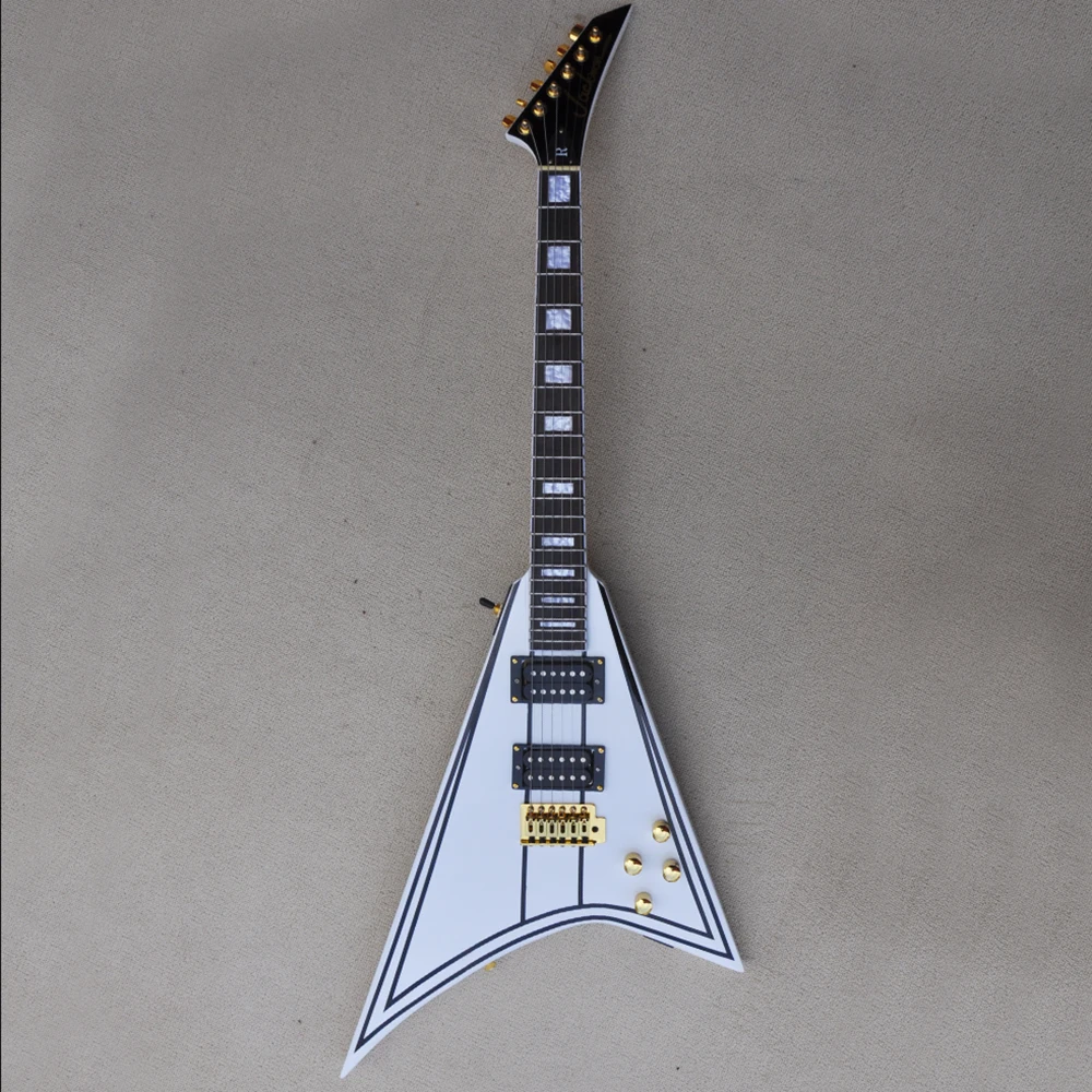 Flyoung 6 Strings White V Electric Guitar with Black Trim Rosewood Fretboard 22 Frets