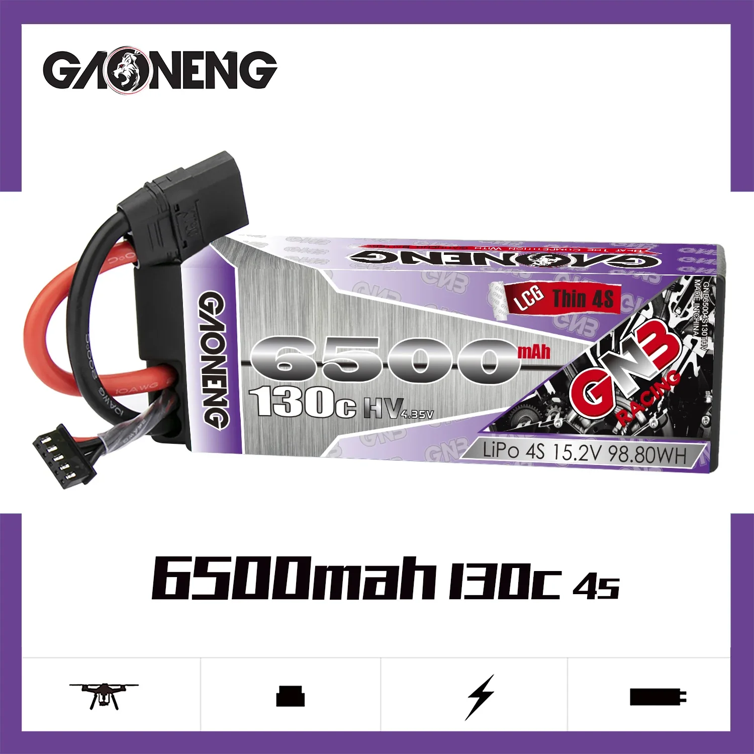 

GAONENG GNB 6500mAh HV 4S 130C 260C 15.2V Thin LCG Hard Case LiPo Battery Cabled with XT90 1/10 1/8 Scale RC Hobby Models