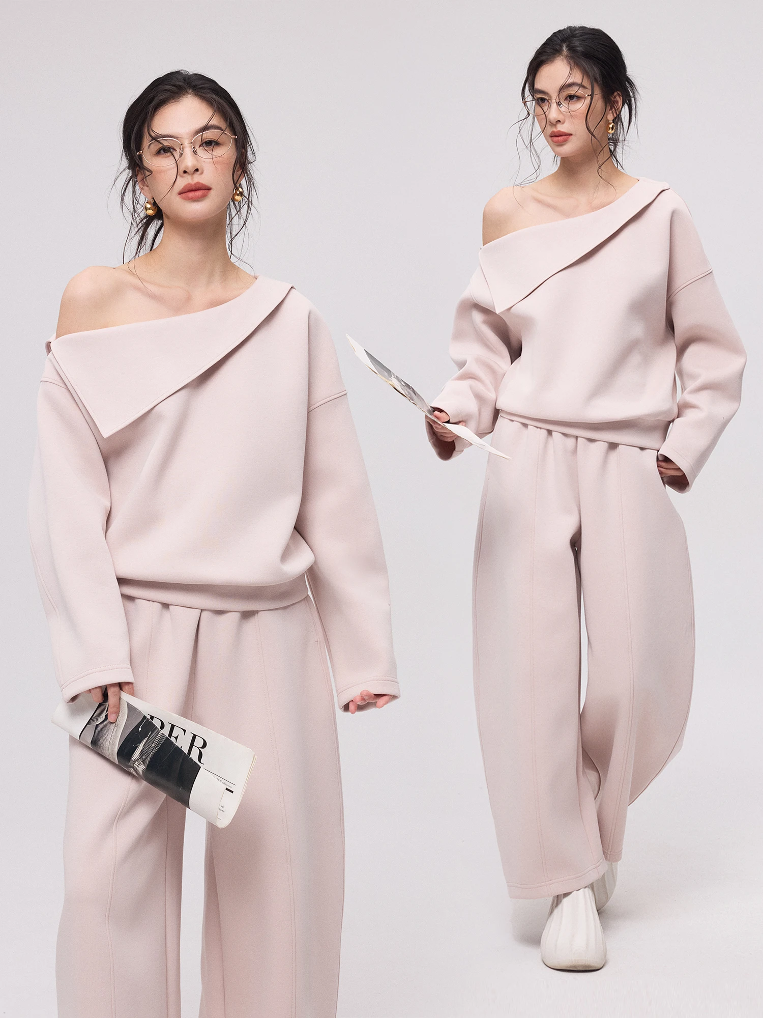 

ZzZHANG Spring 2026 Casual Ele Airy Layered oulder Knife Pants Set High Waist Cotton Long Sve Two-Piece Suit for Women