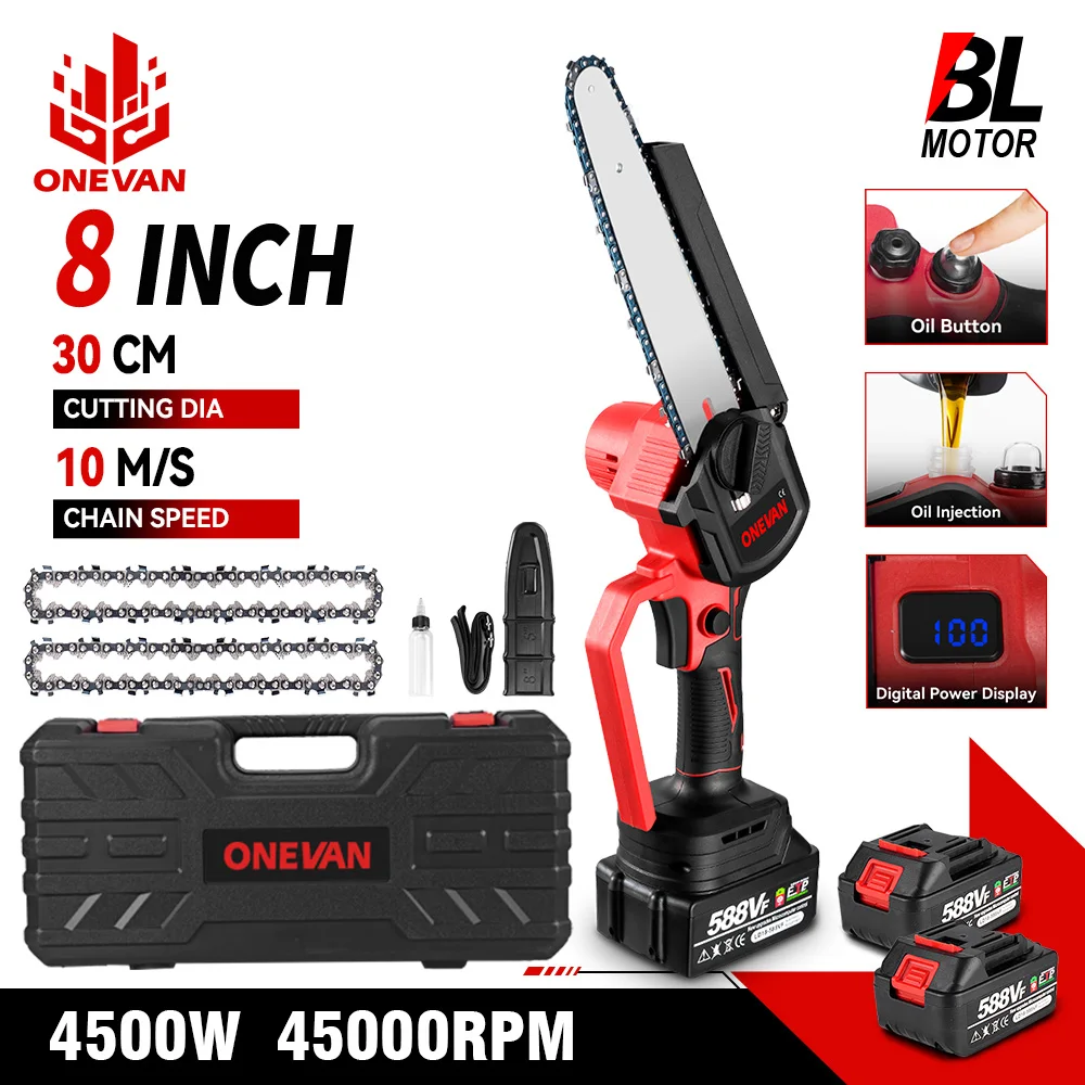 ONEVAN Brushless 8Inch Electric Saw Automatic Oiler Handheld Garden Pruning Chainsaw Woodworking Tool For Makita 18V Battery Pin