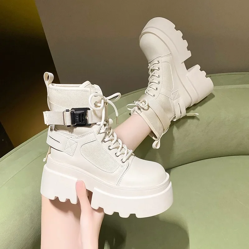 Women\'s High Platform Motorcycles Boots Autumn Spring 7.5CM Heels Ankle Boots Female Chunky Sneakers Winter Leather Shoes Woman