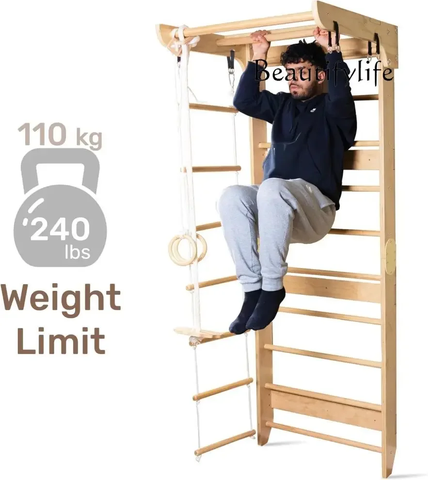 BJ WoodVille Swedish Wall Climbing Frame - Multifunctional Kids Gym Set With Rock Wall & Rope Ladder (Ages 3-12,EN71/ASTM Certi