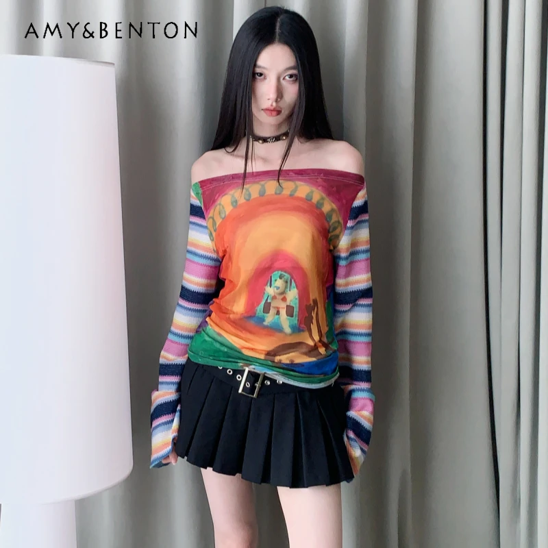 

Autumn New Splicing Printed Off-Shoulder Flared Sleeve One-Shoulder Women's Top Retro Sweet Cool Sexy Versatile T-Shirt Ladies