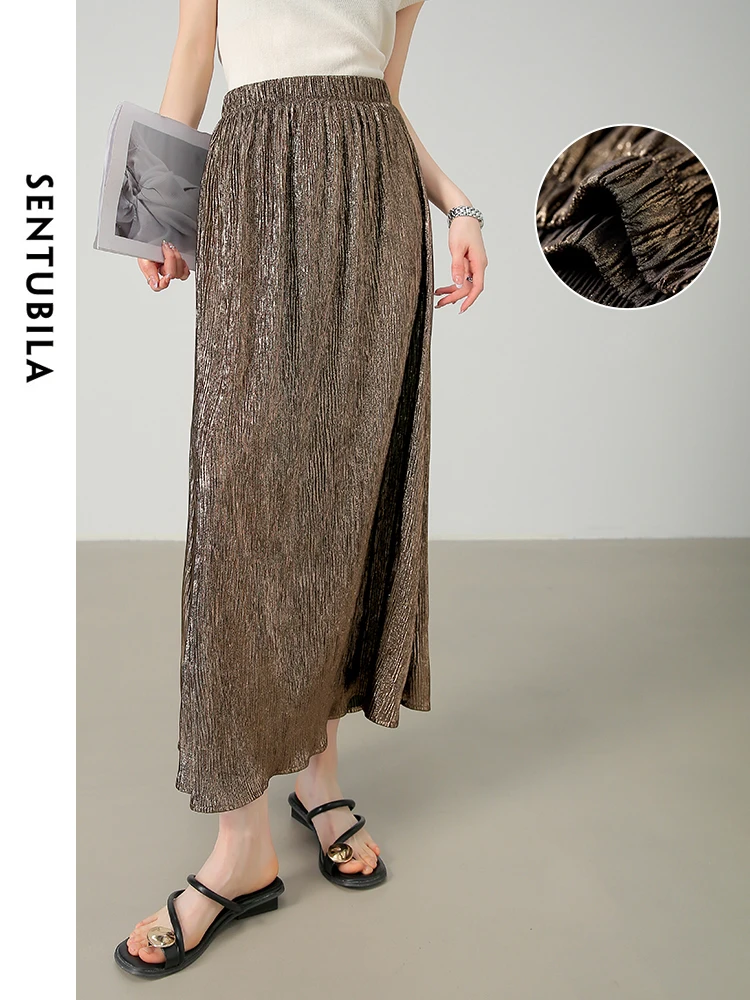 SENTUBILA Women\'s Vintage Knitted Maxi Skirt 2024 Spring Summer Korean Fashion Elastic Waist Skirts Female Clothing 142Q55028