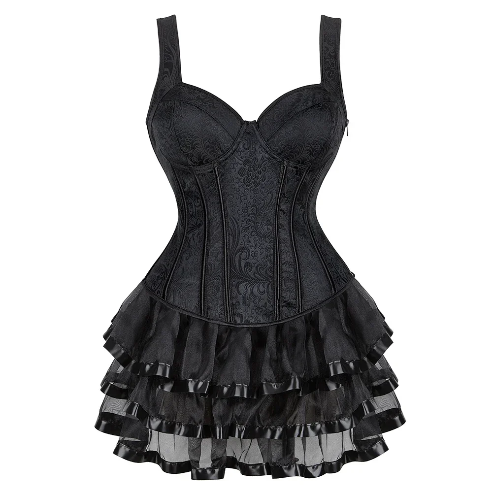 Gothic Corset Dress Set Women Straps Overbust Bustier Vest with Lace Tutu Skirt Burlesque Costume Vintage Corselet Plus Size