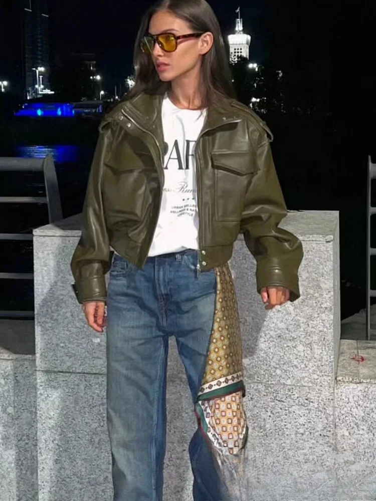 

KONDALA High Street Chic женские кожаные куртки с карманами на молнии короткие пальто новая мода 2025 осень-зима уличная куртка