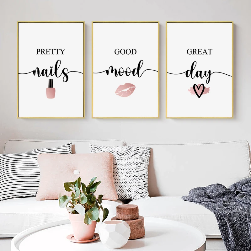 1pc frameless Canvas painting Nordic Pink Woman Red Lip Nails Polish Quotes MakeUp Posters Canvas Painting Wall Art Pictures