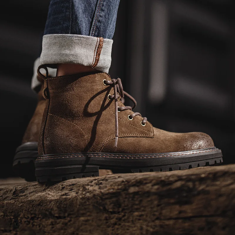 Męskie buty vintage Maden, zamszowe, brązowe, wysokie buty robocze, sznurowane, pustynne botki, wytrzymała podeszwa, buty outdoorowe na zimę i jesień.