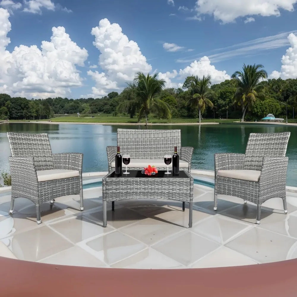 Ensemble de meubles de terrasse en rotin, canapé double, ensemble de réception extérieure, équipé d'une table basse et de coussins souples, 4 pièces