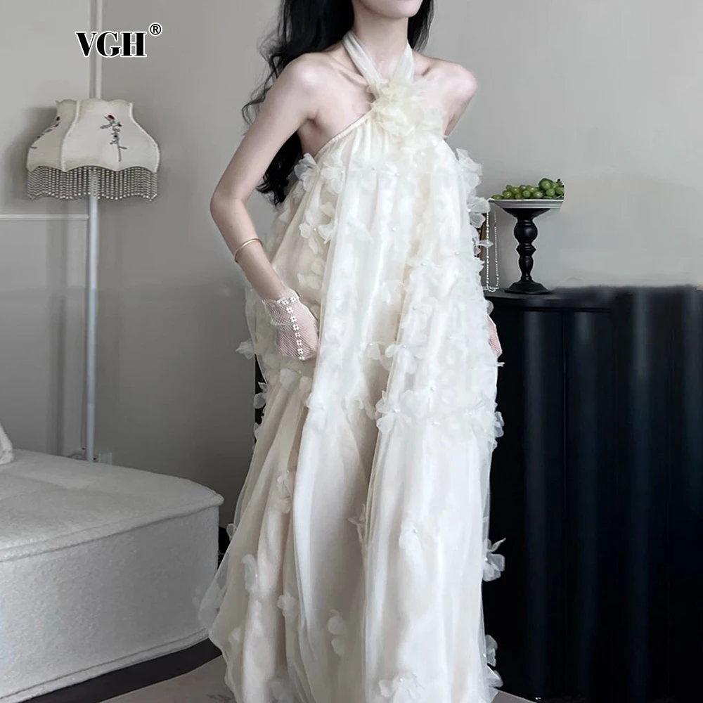 

VGH Loose Elegant Spliced Appliques Long Dresses For Women Round Neck Sleeveless Backless High Waist Sexy Dress Female Fashion