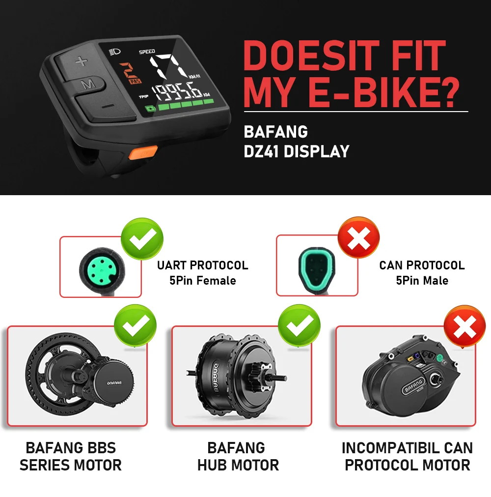 Electric Bicycle DZ41 Color Display Waterproof Ebike LCD BF-UART Display Compitable for Bafang BBS02B BBS01B BBSHD Mid Motor