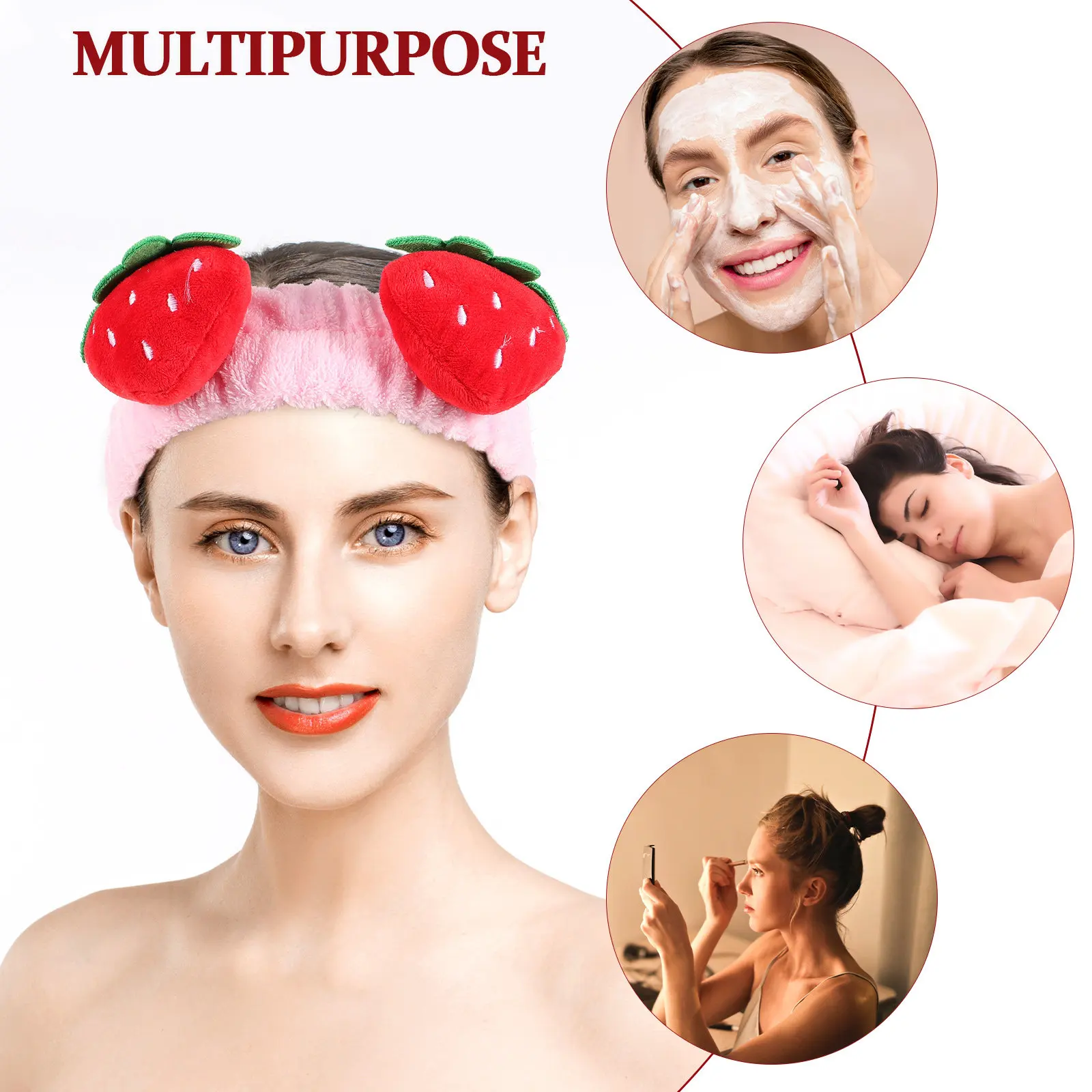 2Pcs Strawberry Headband Cute Kawaii Hair Accessory for Women Girls Face Washing Makeup Spa Skincare Shower Facial Mask Use