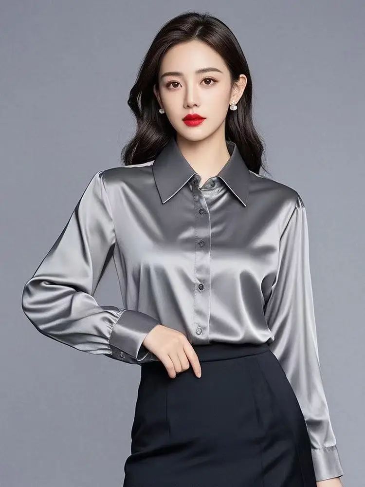 

Elegant Office Ladies Work Shirt Women Blouse Long Sleeve Lapel Hidden Buttons Bright Basic Satin Silk Women Shirt Female Tops