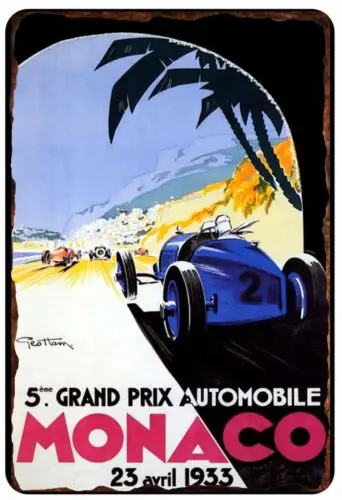 

Цельный металлический рекламный плакат с изображением Монако Grand Prix 1933, жестяной знак 8x12