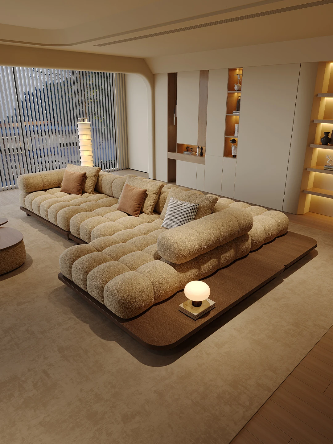 Modular L Shaped Sectional Sofa with Wooden Platform Base - Thick Sherpa Boucle Cushion - Japandi Cream Living Room Couch