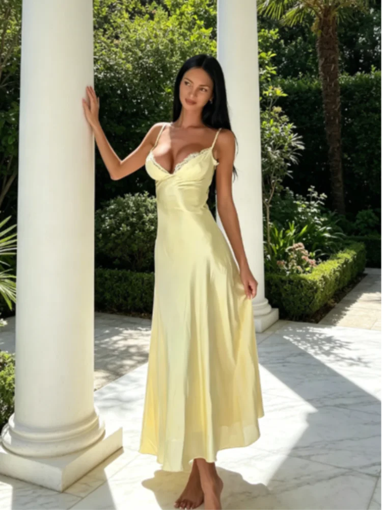 Yellow Satin & Lace Midi Dress For Women Sexy Sleeveless Off Shoulder V-neck Bodycon Women's Summer Dresses 2026 Holiday Gown