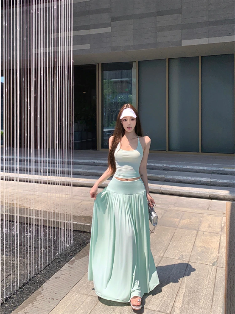

Manbo style mint green outfit spicy girl slim fit camisole vest women's summer set high waist half body skirt two-piece set
