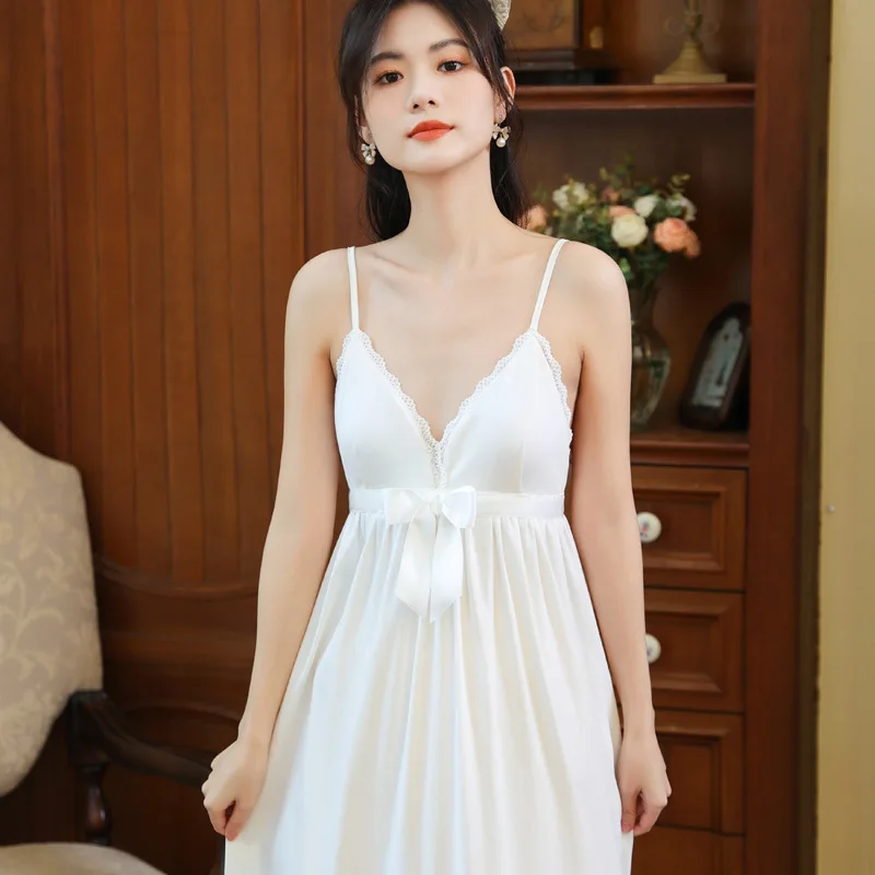 Sexy Lace Bow Tie Nightgown Cotton Spaghetti Strap Chemise Nightdress Solid Color Palace Style Sleepwear Loose Casual Homewear