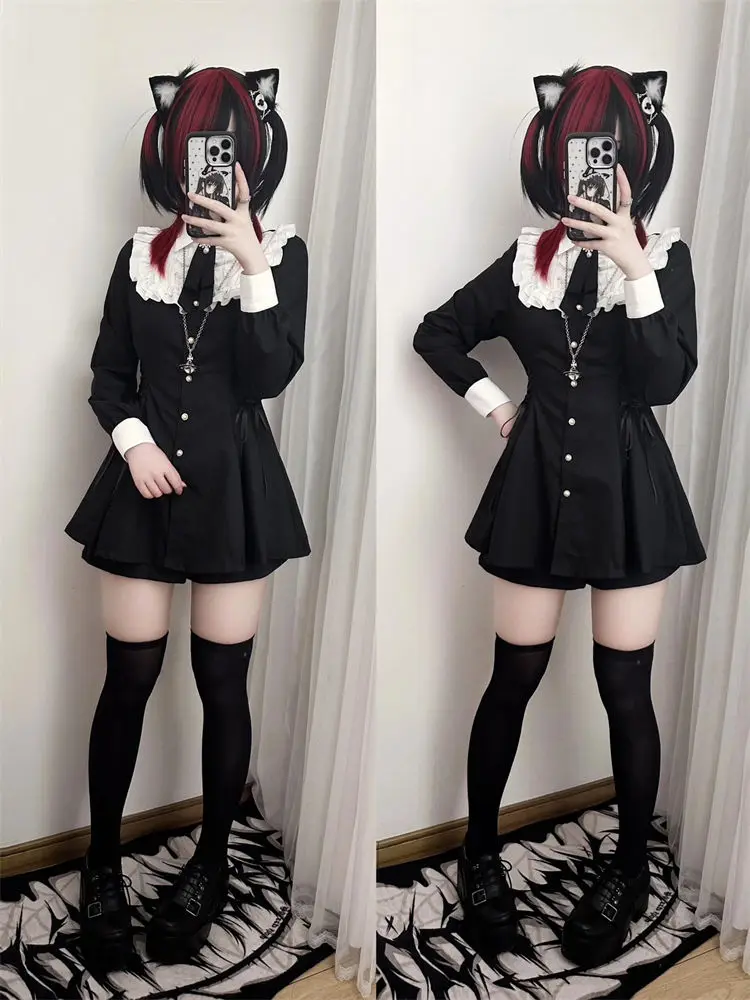 

Harajuku Sweet Bow Black Dress Set All-match Slim Fit Kawaii Lolita 2-piece Set Women Summer New Short Sleeve Vestidos De Mujer