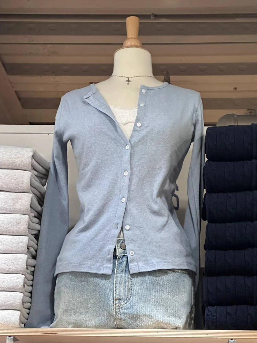 

Синяя тонкая футболка с длинными рукавами, кардиган, женская осенняя однобортная футболка с круглым вырезом, женские милые простые базовые хлопковые трикотажные изделия