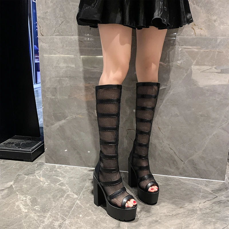 2023 Women\'s Summer Boots Women Shoes Fashion Cutout High Top Sandals Breathable Striped Roman Shoes Platform Boots Thigh High