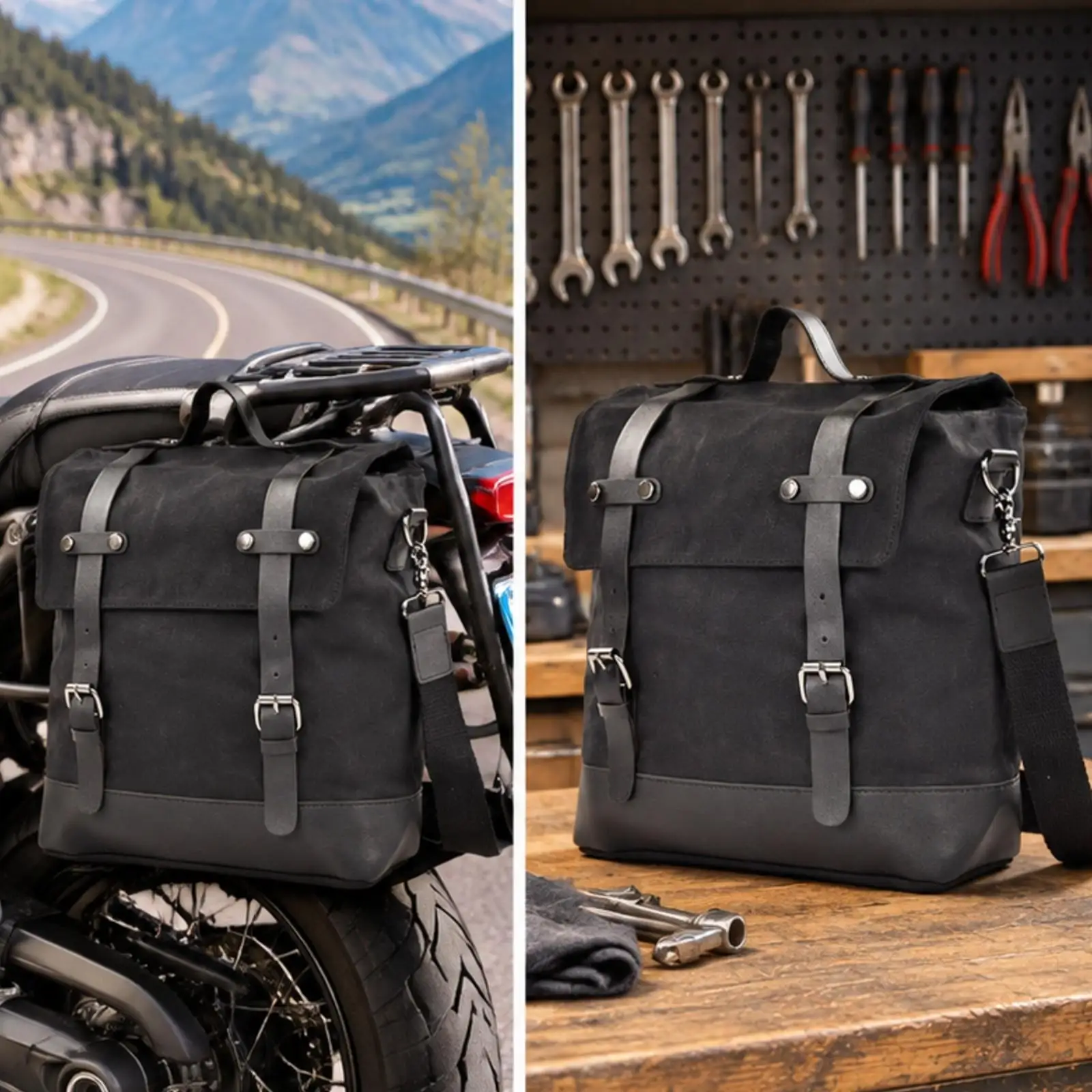 Waterproof Waxed Canvas Motorcycle Side Pannier Bag Leather Handle for Daily Carry Use