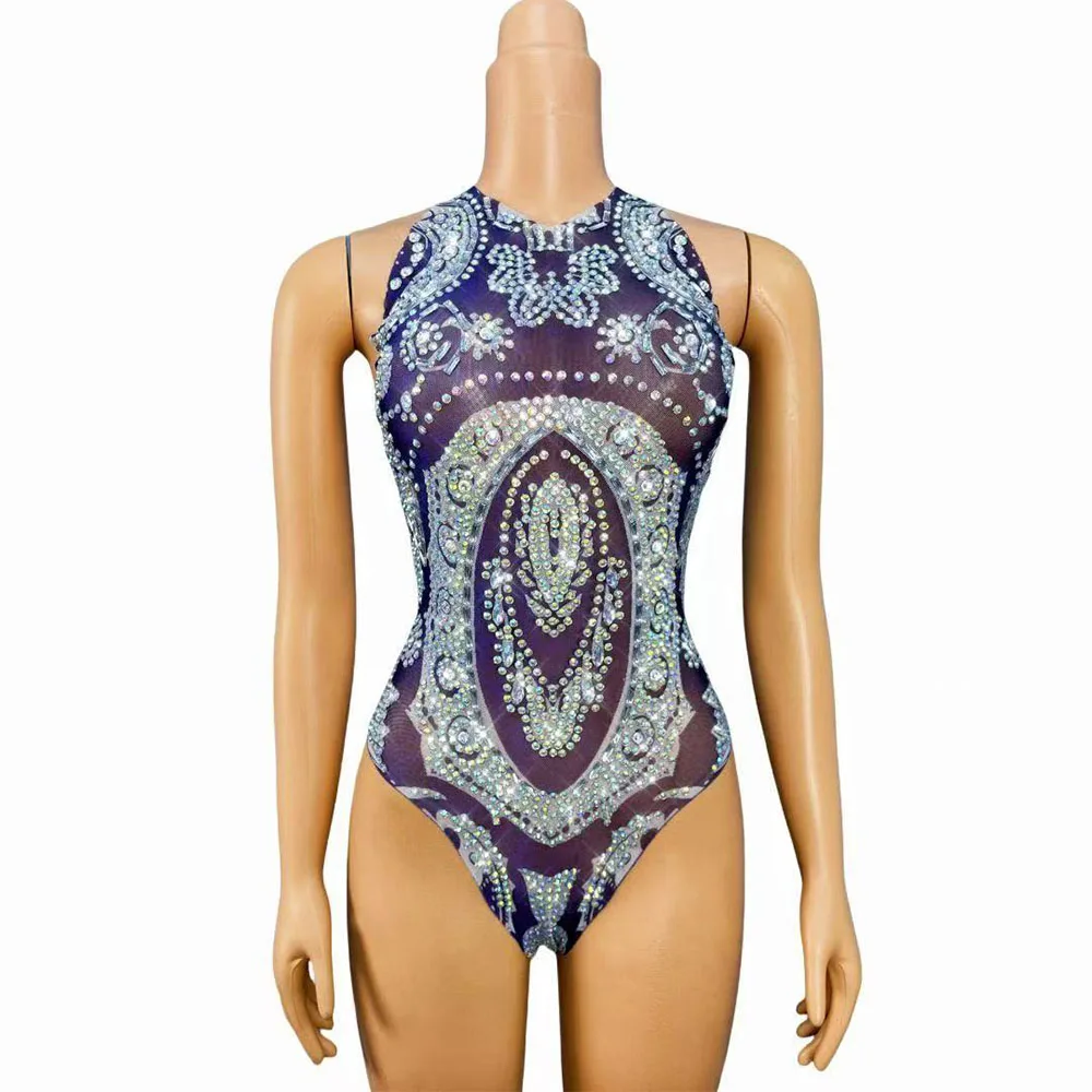 Body Sexy en maille bleue transparente avec strass scintillants pour femmes, tenue de défilé de mode, Costume de séance photo pour spectacle sur scène