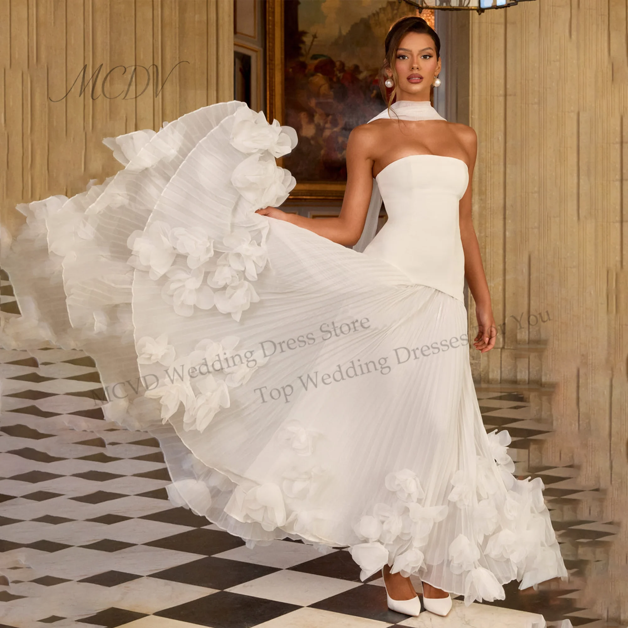 White Strapless Pleated Chiffon A-Line Wedding Dress With 3D Floral Hem Modern Bridal Gown For Women robe de mariée