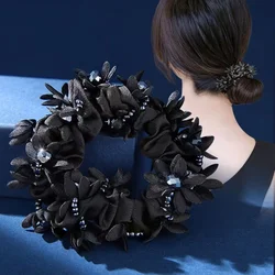 Satin Fine Flower Hair Ring Elegant Women's Rhinestone Last Band for Hair Pleated Satin Large Intestine hair ties