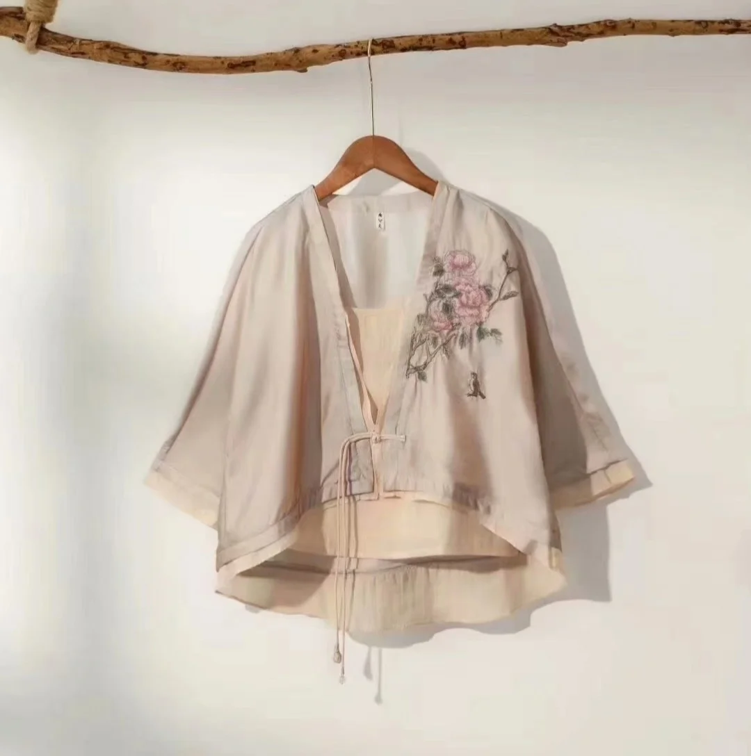 Chinese style woman blouses Beige natural silk two-piece set tops fashion vintage embroidery linen Summer clothes