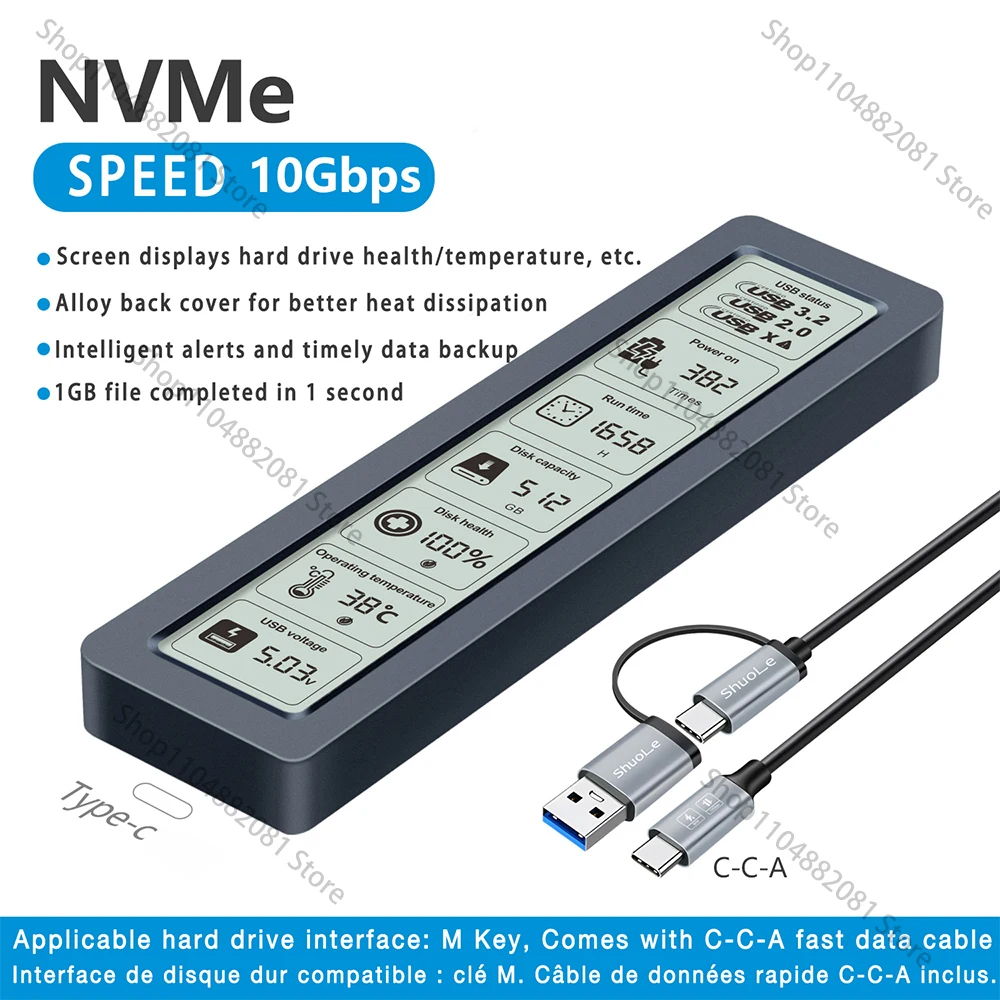 M2 SSD-behuizing NVMe SATA Dual Protocol 20 Gbps met scherm Intelligente digitale USB3.2 Gen2 Type C Disk Box M.2 SSD-behuizing