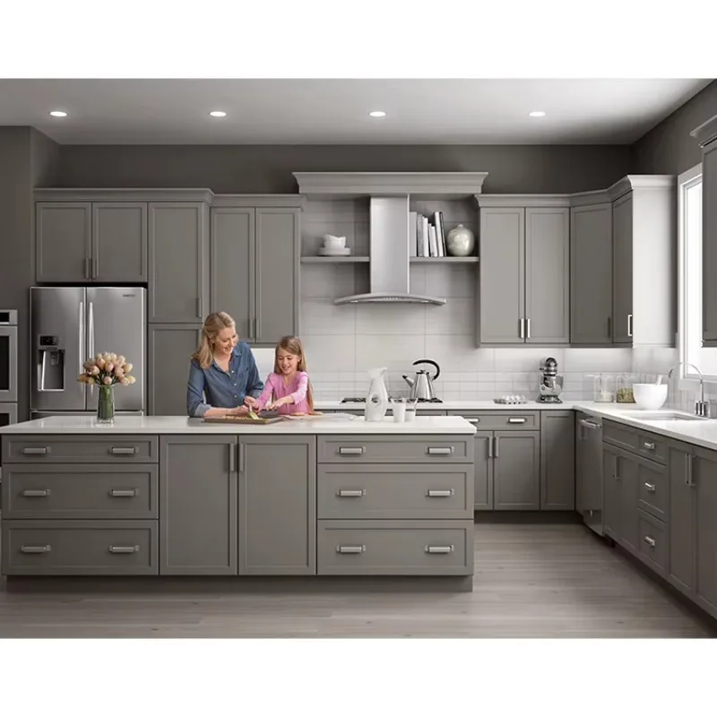 American Standard Style Gray Color Finish Plywood Cabinet Set Designs Custom Ready To Assemble Grey Shaker Wood Kitchen Cabinets