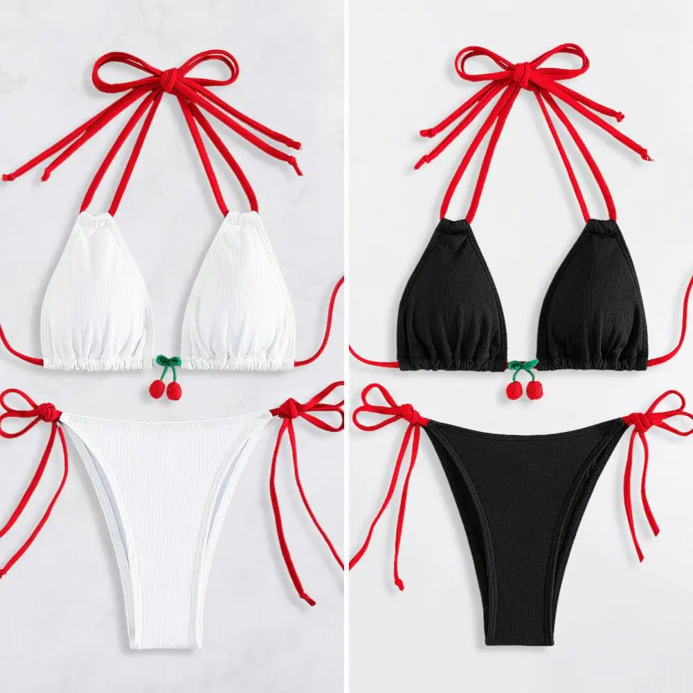 2 sztuk/zestaw kobiety seksowne bikini Set Halter Cherry Decor usztywniany biustonosz Strappy spodnie i spódnice kostiumy kąpielowe szybkoschnący