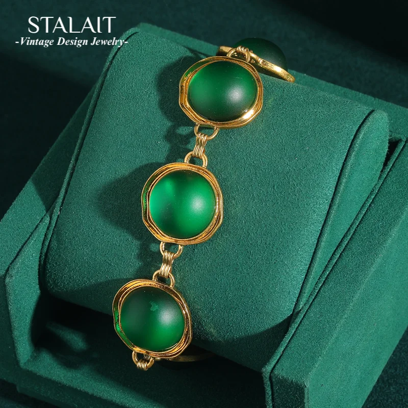 

Vintage Emerald Green Stone Opal Bracelets Natural Woman Antique Bangle Round High Quality Gold Color Charm Wedding Jewelry 2025