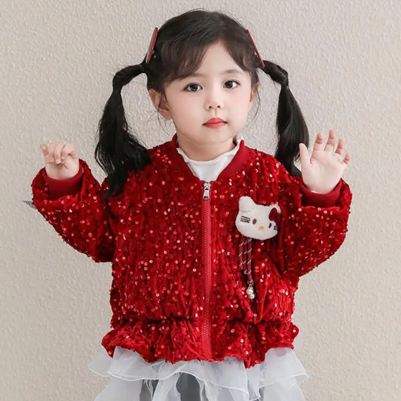 

Girls' Kawaii Anime Coat Hello Kitty Spring and Autumn New Children's Cartoon Casual Fashion Jacket Comfortable Soft Hooded Tops