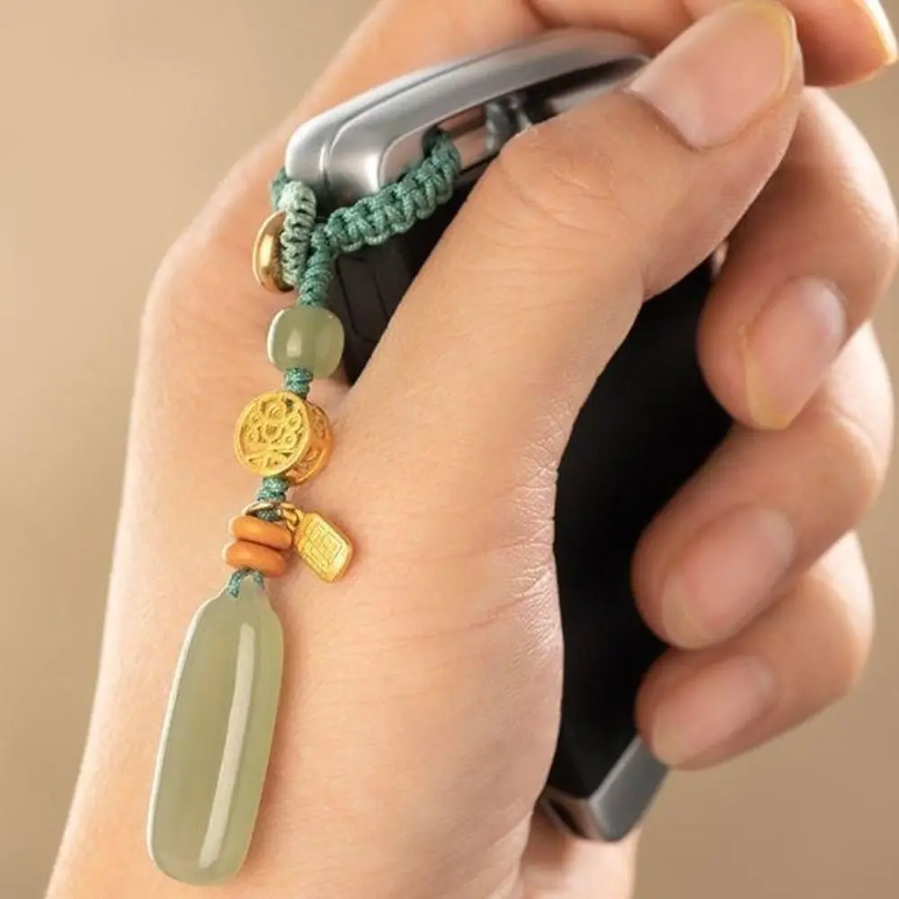 Porte-clés créatif en jade Hetian naturel, pendentif personnalisé, pendentifs clé de la paix, chaîne de téléphone portable verte pour femme, symbole de tranquillité