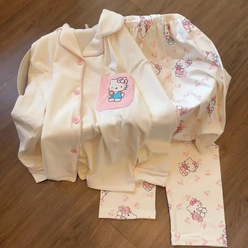 

Милый комплект женской пижамы Sanrio Hello Kitty, флисовый утолщенный домашний костюм для девочек в японском стиле, теплый и уютный комплект для сна на осень-зиму