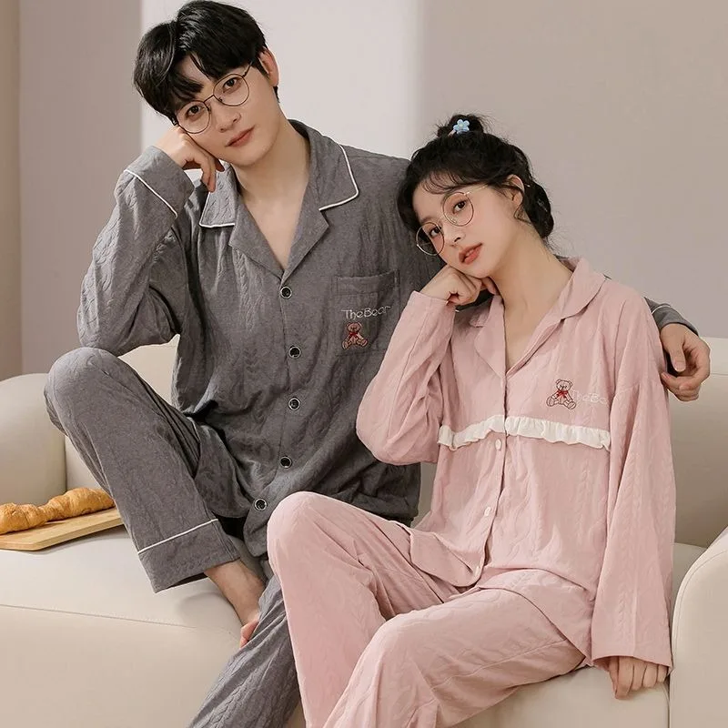 2024 New Couple Pajamas Spring Autumn Women Long-Sleeved Trousers Thin Homewear Suit Men Casual Loose Large Size Sleepwear Set