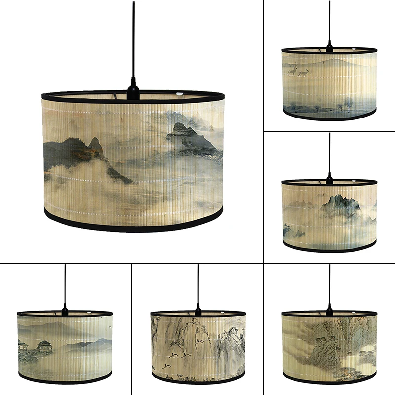 Japanese Style Lamp Shade Bamboo Art Light Shade Chinese Ink Landscape Painting Lampshade Bamboo Chandelier Wall Lamp Cover