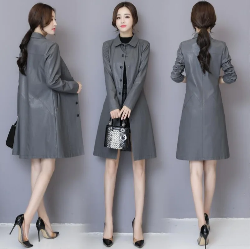 Trench da donna in pelle Moda casual O-Collo monopetto Top in pelle di pecora allentata Cappotto Capispalla lungo in pelle crosta