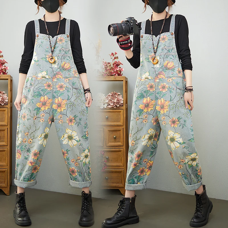 

New Yellow Print Floral Denim Jumpsuit Women Loose Big Size Wide Leg Rompers Casual Streetwear Straps Cargo Pants Jean Overalls