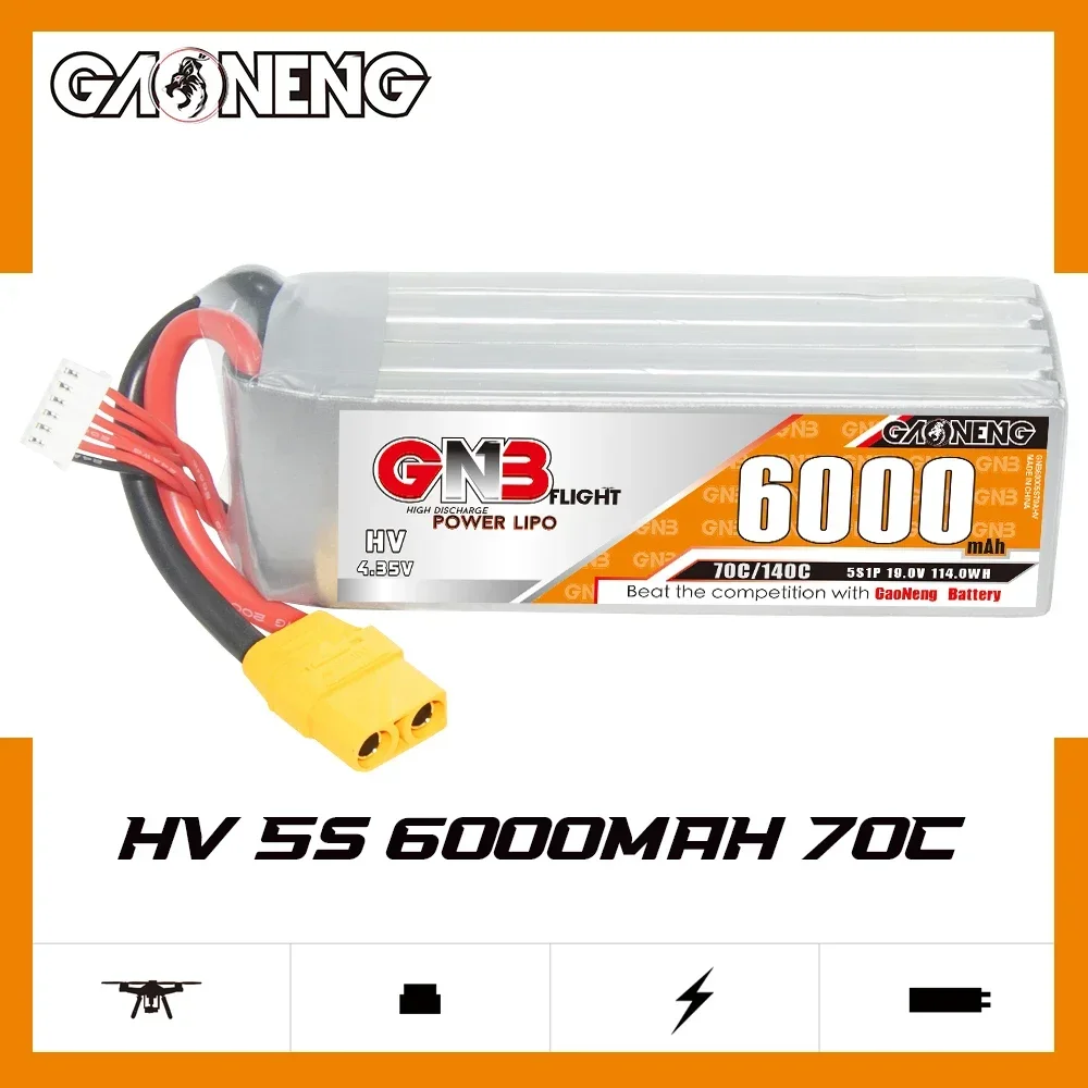 GAONENG GNB 6000mAh HV 5S 70C 140C 19V XT90 LiPo Battery 7 to 8inch 400mm-450mm X8 FPV 10inch Xclass FPV 1/7 1/8 Scale Vehicles