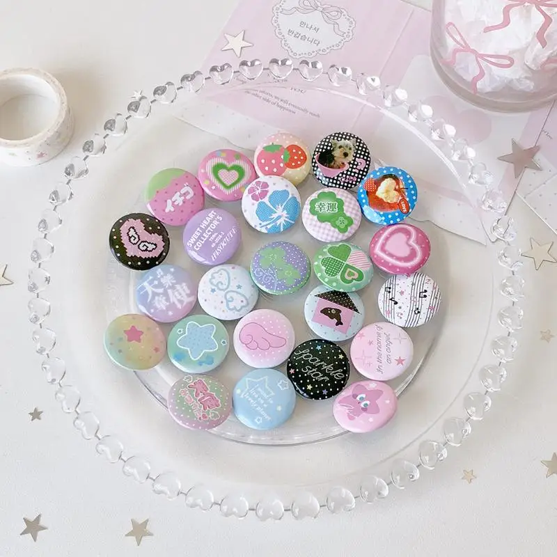 6/24Pcs Kawaii Cartoon Japanese Retro Early Button Badge Sweet Y2K Angel Wing Clover Round Brooch For Backpacks Decoration